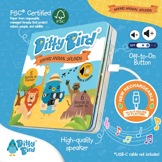 Ditty Bird - Safari Animal Sounds Board Book - USB-C Rechargeable