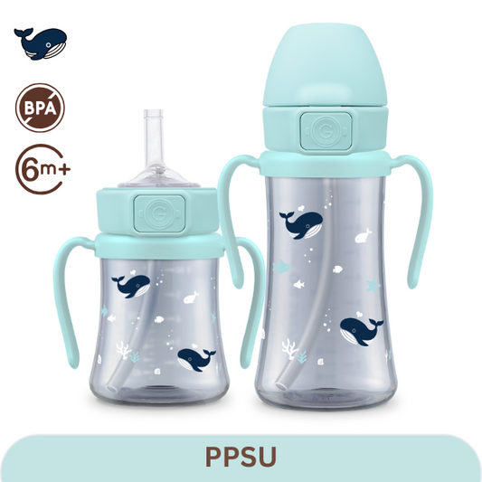 Grosmimi - Baby Whale Dark PPSU Straw Cup 200ml/300ml(Creamy Blue)