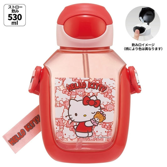 Skater - One-Touch Straw Water Bottle Hello Kitty Ushirou Shiro 530ml