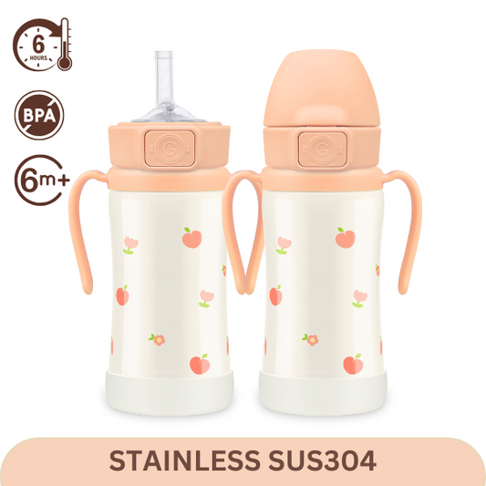 Grosmimi - Peach Flower Stainless Straw Cup 300ml(Rose Coral)
