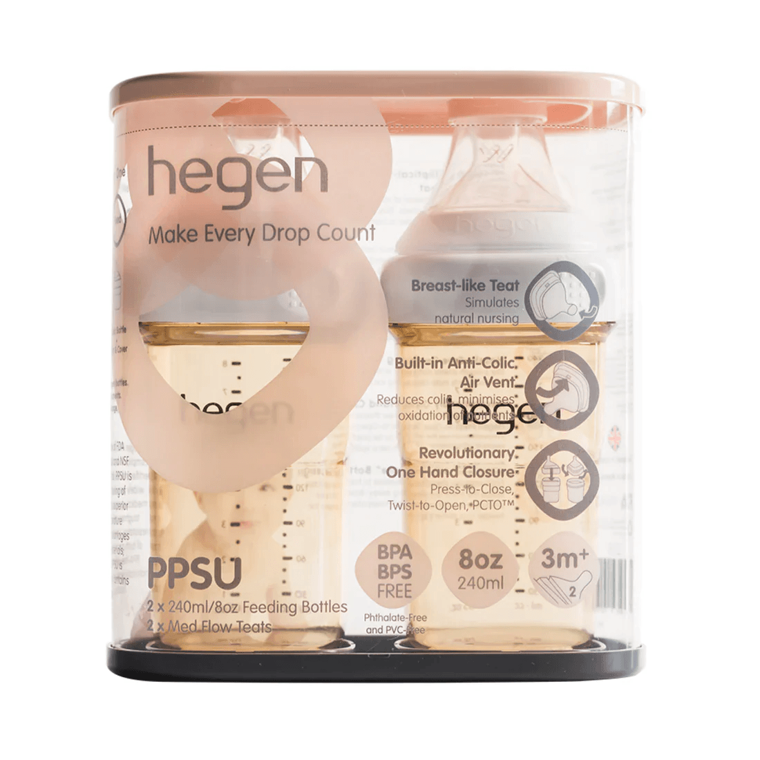 Hegen PCTO™ 240ml Feeding Bottle PPSU(2Pack) with 2 x Medium Flow Teat (3 to 6 Months) - Baby Harbour