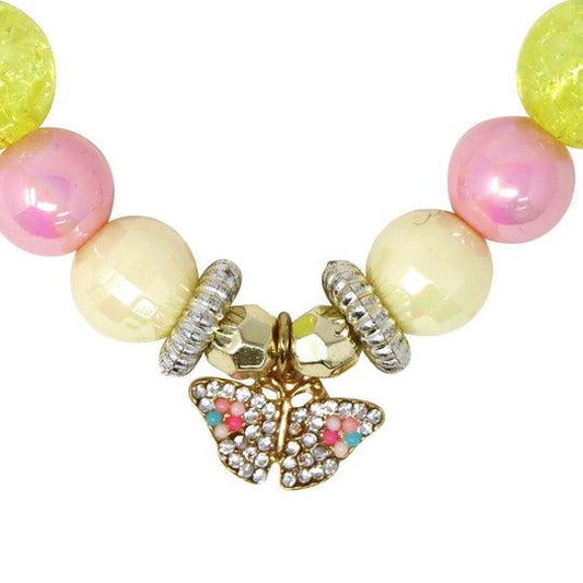 Pink Poppy - Rhinestone Butterfly Charm Stretch Beaded Necklace - Baby Harbour